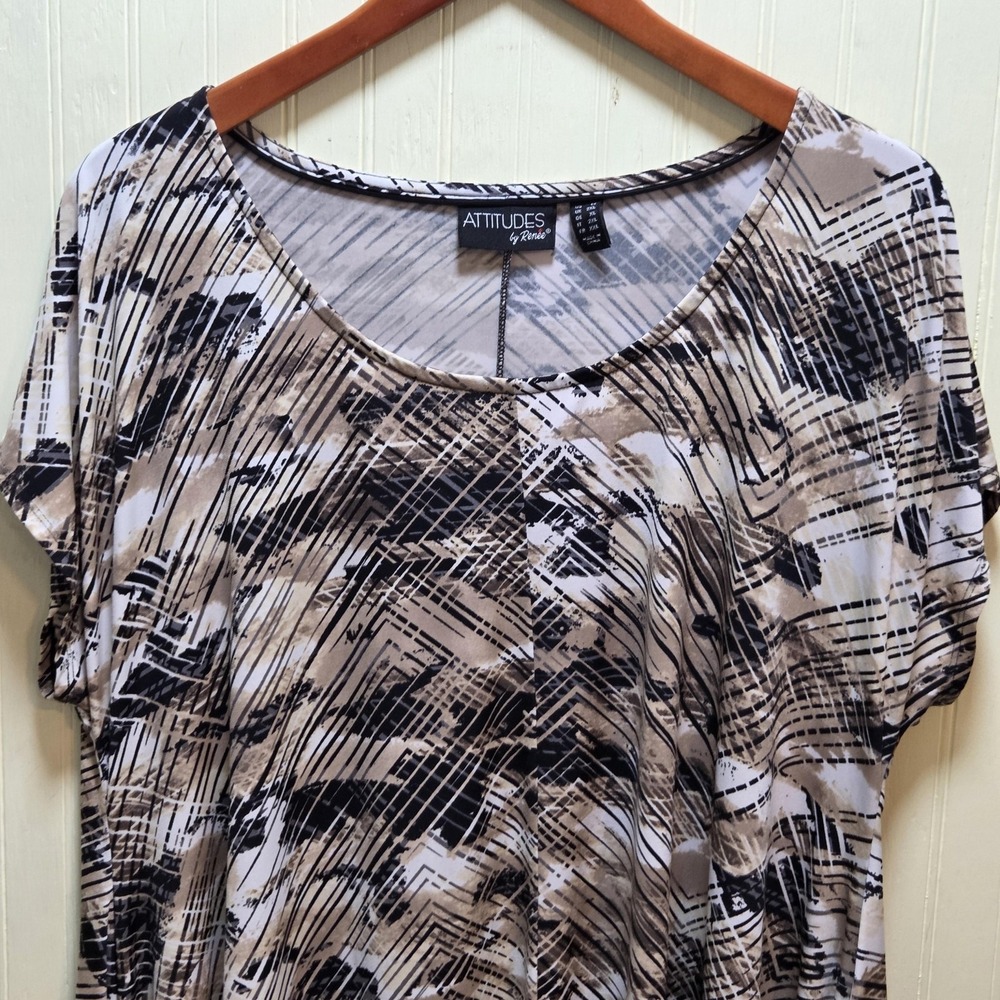 Attitudes By Renee Blouse Womens Plus 1X Beige Geometric Scoop Neck Tunic Top
